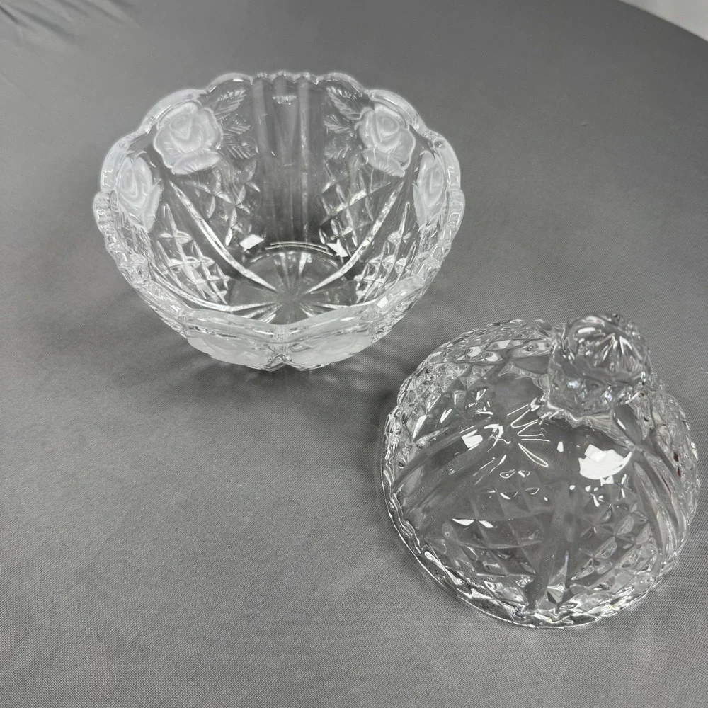 Vintage Cut Lead Crystal Candy Dish with Lid – Frosted Roses‎ 